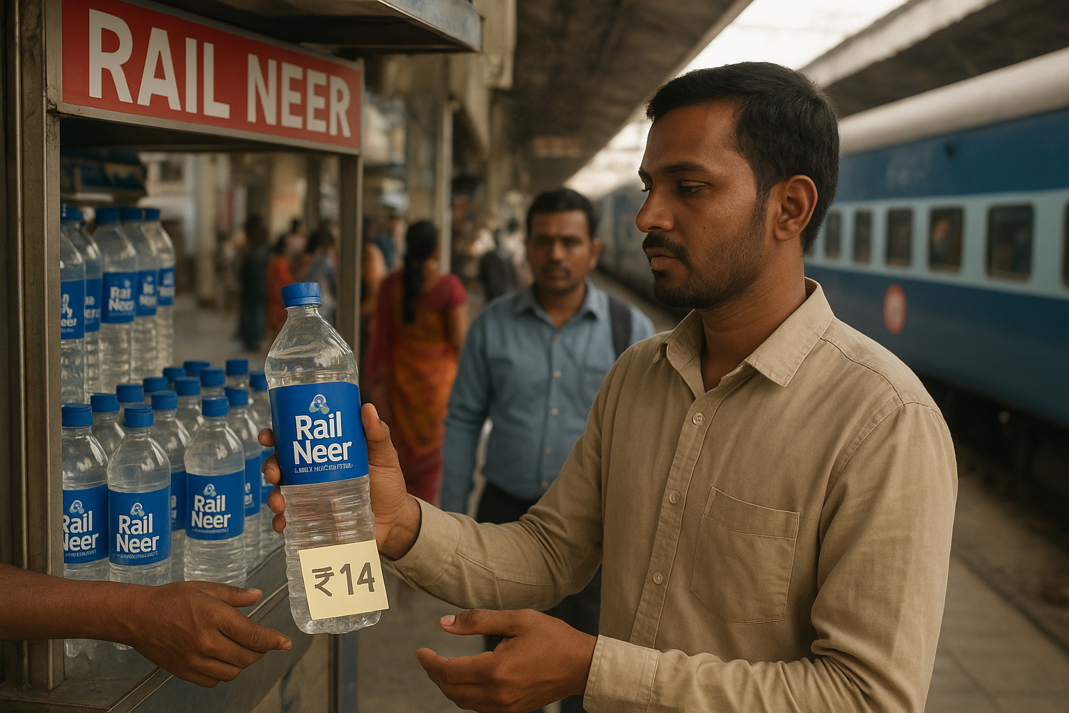रेलवे स्टेशन पर यात्री Rail Neer की बोतल खरीदते हुए।