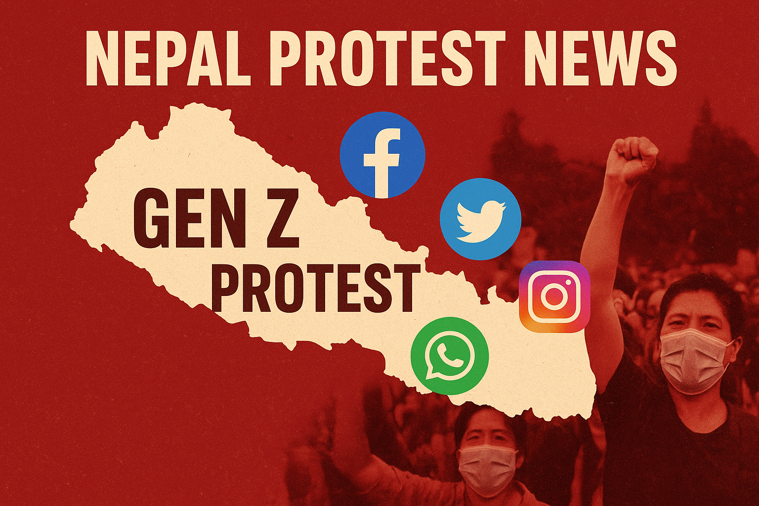 Nepal Protest News: Gen Z युवाओं का सोशल मीडिया बैन के खिलाफ प्रदर्शन, नेपाल का नक्शा और सोशल मीडिया आइकन
