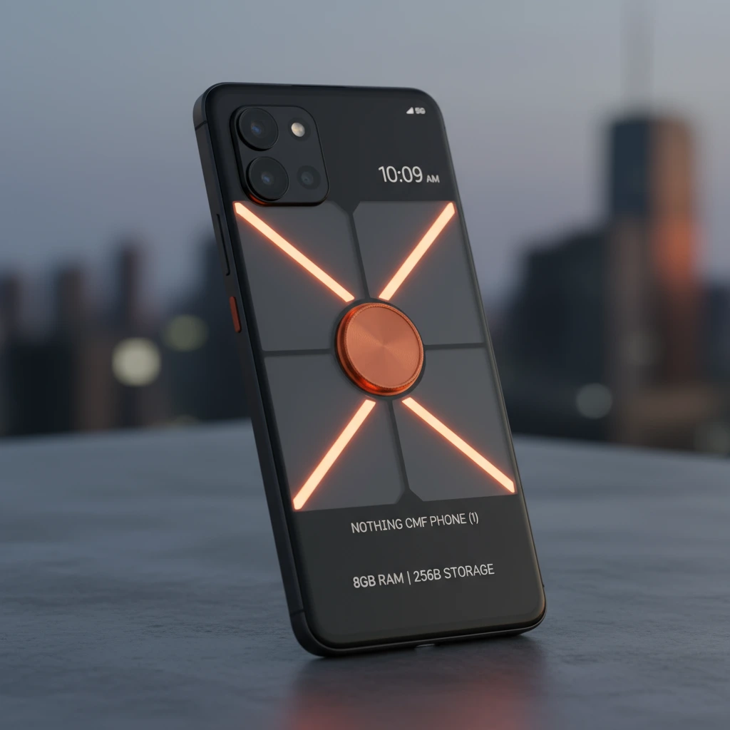 Nothing CMF Phone 1 5G का एक प्रीमियम और मॉड्यूलर डिज़ाइन वाला स्मार्टफोन दिखाते हुए हाई-क्वालिटी टेक्नोलॉजी इमेज।"