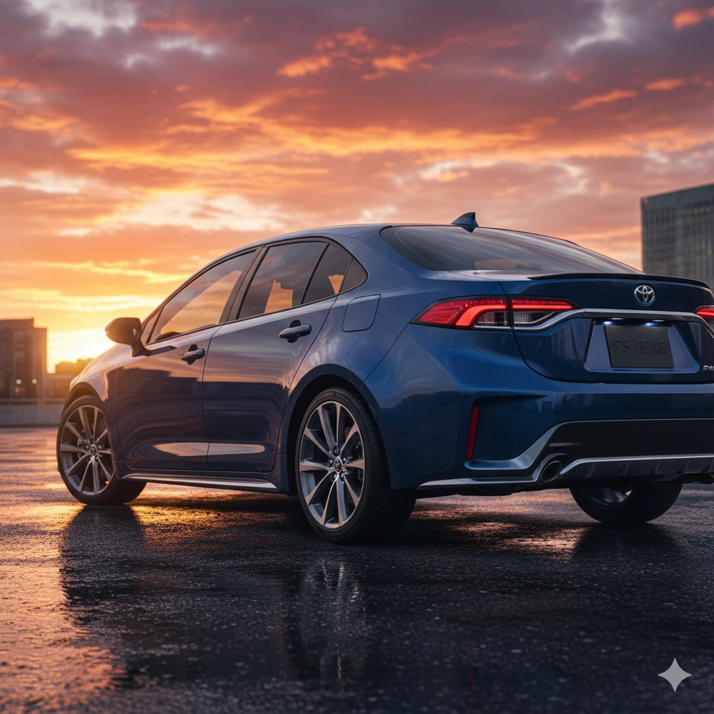 “New Toyota Corolla 2025 exterior front view with LED headlights and bold redesigned grille.